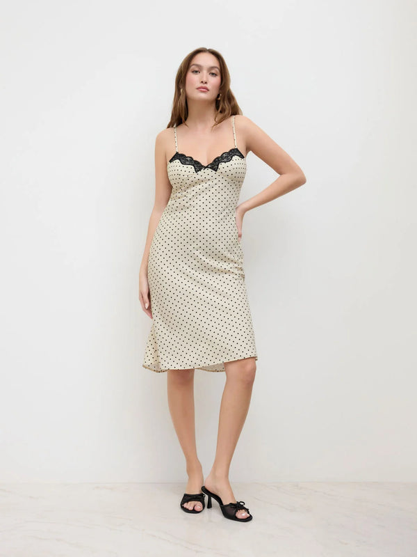 Robe mi-longues à pois et dentelle contrastée